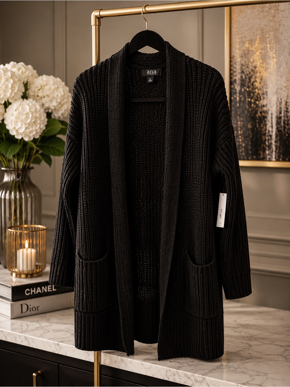 NWT a.n.a Black Ribbed Open-Front Cardigan with Pockets